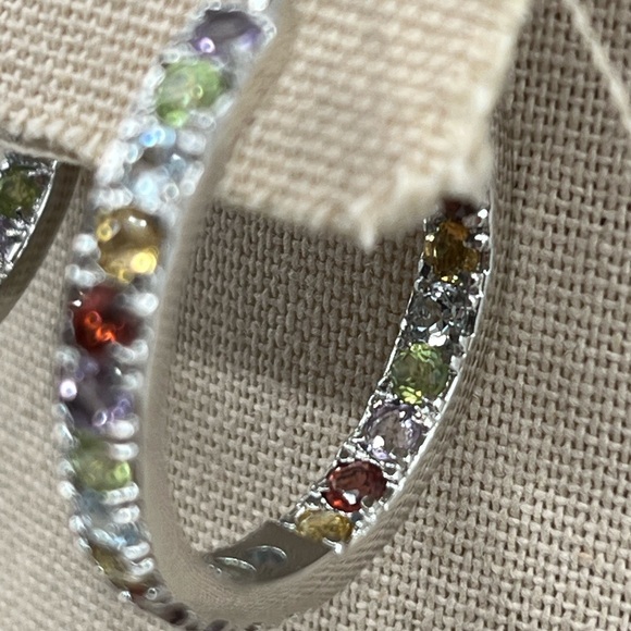 Vintage 925 Sterling Silver Multicolor Gemstone Hoop Earrings - Picture 5 of 16